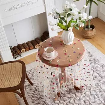 Прозрачный коврик для обеденного стола, тонкая видимая сетка, красочная цветочная вышивка, защитный круглый стол S белый