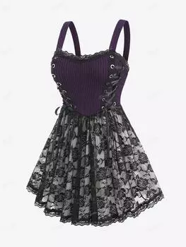 Прозрачный кружевной комбинезон Rosegal больших размеров на шнуровке с текстурированным цветочным принтом L чёрный