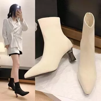 Прозрачный квадратный каблук-носок женские полосатые эластичные ткани вязаные туфли с острым носком 35