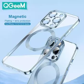 Прозрачный магнитный чехол для iPhone 15 14 13 12 11 Pro Max Plus Mini, мягкий силиконовый золотой полный чехол с защитой объектива For iPhone 11 чёрный