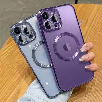 Прозрачный магнитный чехол для iPhone 15 14 13 12 11 Pro Max X XR Xs Max 7 8 Plus Se 2020, мягкий полный защитный чехол Magsafe с защитой объектива For iPhone 12 фиолетовый
