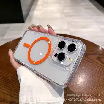 Прозрачный магнитный чехол для iPhone 15/14/16 Pro Max - 2-в-1 с фиксацией на талии, акриловый дизайн iPhone 16 Pro оранжевый