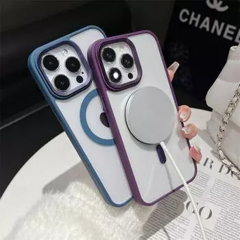 Прозрачный магнитный чехол для iPhone 15 Pro с металлической оправой линз для защиты.