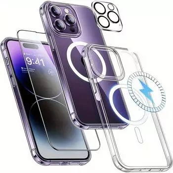 Прозрачный магнитный чехол для телефона с защитной пленкой для iPhone 15 Pro Max 14 Plus 13 12 Mini 11, противоударная тонкая задняя крышка For iPhone 12 Mini