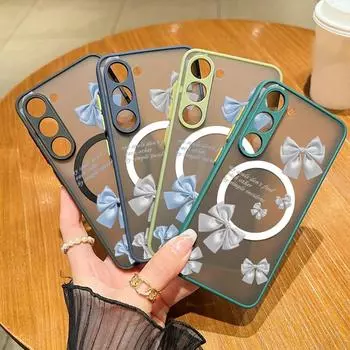 Прозрачный магнитный чехол с бантом для Samsung S25 S24 FE S23 Ultra S22 A56 A36 A15 A55 A35 с беспроводной зарядкой, ударопрочный, тонкий, матовый, хрустальный чехол Samsung S25 чёрный/синий