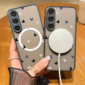 Прозрачный магнитный чехол с принтом Little Love Hearts для Samsung S24 FE S23 S22 Ultra A55 A15 A35 A54 A34 A14 для Magsafe Slim Matte Shockproof Phone Cover Samsung S24 FE чёрный