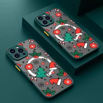Прозрачный матовый чехол для телефона с рисунком рождественской елки для iPhone 16 Pro Max 15 Plus 14 Pro 13 12 11 8 7, магнитный, противоударный, для чехла Magsafe iPhone 16 чёрный