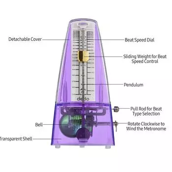 Прозрачный механический метроном с колокольчиком. Универсальный заводной метроном с громким звуковым ритмом. синий
