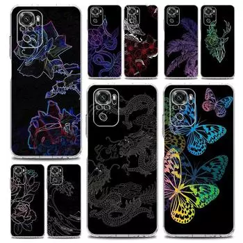 Прозрачный мягкий чехол для телефона Xiaomi Redmi Note 12 11 9S 9 8 10 Pro + 7 8T 9C 9A 8A K40 игровой чехол цветок дракона трава линии искусства Redmi Note 10Pro