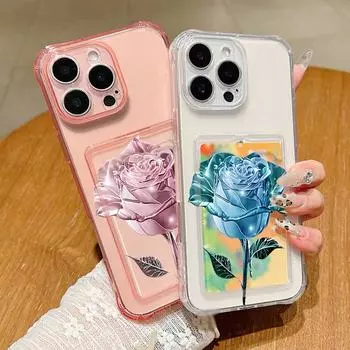 Прозрачный мягкий силиконовый чехол с принтом хрустальной розы для iPhone 16 Pro 15 Pro Max 14 13 12 11, слот для карт, противоударный прозрачный тонкий чехол для телефона iPhone 16 серый