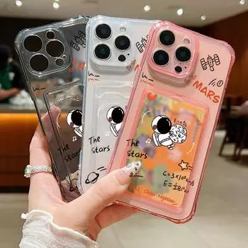 Прозрачный мягкий силиконовый чехол с рисунком астронавта для iPhone 16 Pro 15 Pro Max 14 13 12 11 со слотом для карт, ударопрочный прозрачный тонкий чехол для телефона iPhone 16 серый