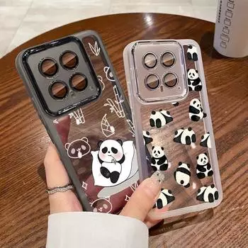 Прозрачный мягкий силиконовый чехол с рисунком мультяшной панды для Xiaomi 13t Poco X6 Pro Redmi Note 12 Pro 5g со стеклянным объективом, противоударная прозрачная задняя крышка Xiaomi Poco X6 Pro чёрный
