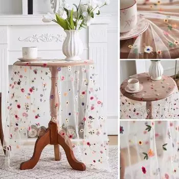 Прозрачный обеденный коврик, тонкая видимая сетка, красочная цветочная вышивка, круглый стол S белый