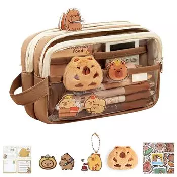 Прозрачный пенал для карандашей, 5-слойный пенал, большая вместимость, кукла-капибара, наклейка-брошь в виде капибары коричневый