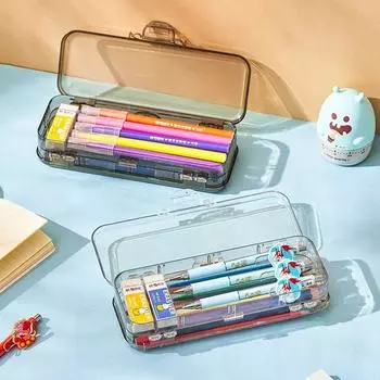 Прозрачный пенал двухслойный пенал с линейкой органайзер для канцелярских принадлежностей для студентов чёрный