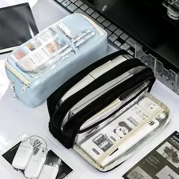 Прозрачный пенал Kawaii Канцелярская сумка Школьный мешочек Сумка для ручек Большая вместимость Прозрачный пенал для девочек Обратно в школу чёрный