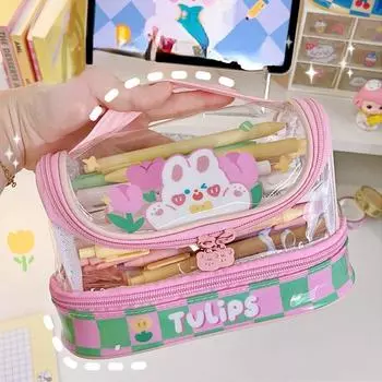 Прозрачный пенал с милым мультяшным милым животным, сумка-карандаш, большая вместительная сумка для хранения канцелярских принадлежностей, студенческий поставщик розовый