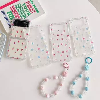 Прозрачный противоударный чехол для телефона с милым цветочным узором клубники для Samsung Galaxy Z Flip 4 3 с браслетом For Samsung Z Flip 4