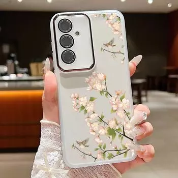 Прозрачный противоударный чехол с цветочным принтом для Samsung S25 Ultra S24 FE S23 Plus A56 A36 A16 A55 A15, защитная пленка для объектива, мягкий силиконовый тонкий чехол для телефона Samsung S25 чёрный/зелёный