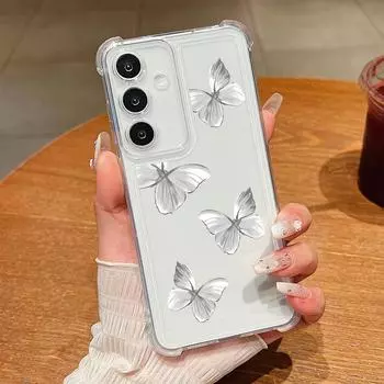 Прозрачный противоударный чехол с принтом бабочки для Samsung S25 Ultra S24 FE S23 S22 A56 A36 A16 A55 A35, прозрачный противоударный мягкий силиконовый тонкий чехол для телефона Samsung S25 Edge серый