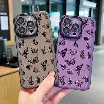Прозрачный противоударный чехол с рисунком бабочки для iPhone 16 Pro Max 15 Pro 14 13 12 11, прозрачная тонкая мягкая силиконовая пленка для защиты объектива, защитный чехол для телефона iPhone 16 чёрный