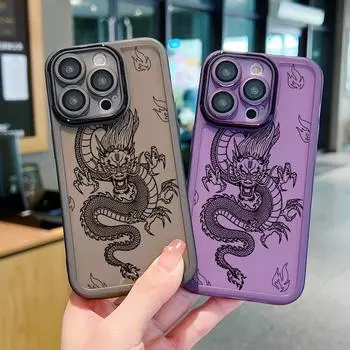 Прозрачный противоударный чехол с рисунком дракона для iPhone 16 Pro Max 15 Pro 14 13 12 11, мягкая силиконовая защитная пленка для объектива, прозрачный тонкий чехол для телефона iPhone 16 чёрный