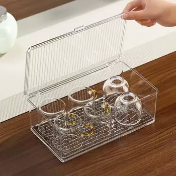 Прозрачный ящик для хранения чайного сервиза, штабелируемый большой емкости, компактный пыленепроницаемый стеклянный держатель, настольная полка, кухонные принадлежности M