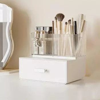 Прозрачный ящик для хранения косметики. Отделение большой емкости. Легкий доступ. Гладкое выдвижение. Удобный контейнер для хранения на столешнице. белый