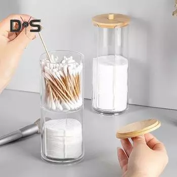 Прозрачный ящик для хранения, органайзер для ватных палочек с деревянной крышкой, большой емкости, пылезащитный, широко используемый держатель для ватных палочек E