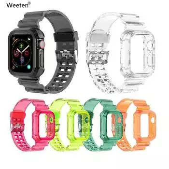 Прозрачный ремешок + чехол для Apple Watch Series 9 Ultra 2 8 7 6 SE 5 4 45 мм 44 мм 42 мм 41 мм прозрачный ремешок для Mi Band 7 6 5 38/40/41mm розы красного