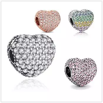 Прозрачный розовый красочный клип с сердцем Pav Heart, подвеска из бисера, подходит для оригинального модного браслета, ювелирные изделия своими руками для женщин, подарок