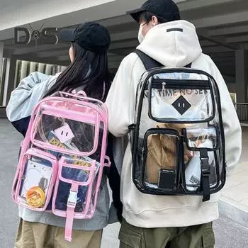 Прозрачный рюкзак с усиленной строчкой на молнии, большая вместимость, регулируемая, прочная, большая, прозрачная, из ПВХ, школьная сумка розовый