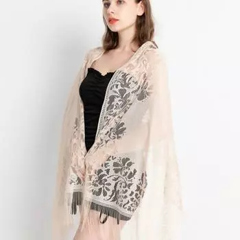 Прозрачный сетчатый шейный платок с кисточками, вышитый цветок, шаль, кружевной цветок, кисточка, шарф, платье, декор белый