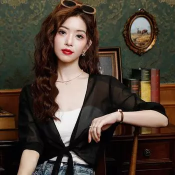 Прозрачный шифоновый кардиган рубашка узел солнцезащитный кардиган топы женщины L чёрный