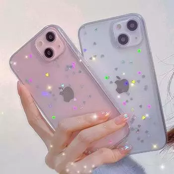 Прозрачный силиконовый блестящий чехол для iPhone 14 Pro Max 13 12 11 XS Max XR X 7 8 14Plus Love Heart Star Sequins Мягкий чехол из ТПУ For iPhone X