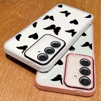 Прозрачный силиконовый чехол для телефона с принтом сердечек и бабочек для Samsung S24 Ultra S23 S22 S21 S20 FE A54 A34, противоударный защитный мягкий бампер для объектива Samsung S24 чёрный