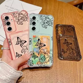 Прозрачный силиконовый чехол с изображением бабочки и слотом для карт для Samsung S24 S22 Ultra S23 S21 S20 Fe A55 A54 A53 A52 A35 A15 A16, тонкий противоударный чехол Samsung S24 серый