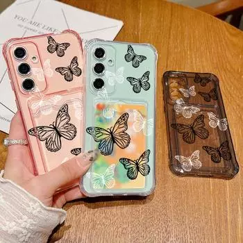 Прозрачный силиконовый чехол с прозрачным слотом для карт и рисунком бабочки для Samsung S24 S22 Ultra S23 S21 S20 Fe A55 A54 A53 A52 A35 A16 A15, противоударный прозрачный чехол Samsung S24 FE серый