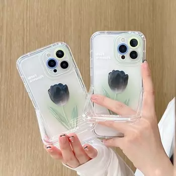 Прозрачный силиконовый мягкий чехол для телефона с черными тюльпанами и цветами для Iphone 11 12 Pro Max 13 Promax, держатель-подставка с рисунком, задняя крышка, капа For iphone 13promax
