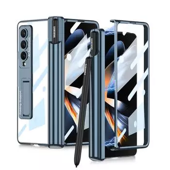 Покрытие Kickstand Прозрачный складной чехол для телефона Samsung Galaxy Z Fold 4 5g Fold3 Fold 3 Fold4 Zfold4 Закаленное стекло Пленка Чехлы no pen серебряный