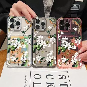 Прозрачный слот для карт, мягкий силиконовый чехол Yulan с цветочным узором для iPhone 16, 15, Pro, 14, 13, Pro Max, 12, 11, ударопрочный, тонкий чехол для защиты объектива iPhone 16 серый