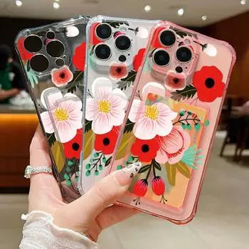 Прозрачный слот для карт Мягкий силиконовый чехол для телефона с красным цветочным узором для iPhone 16 15 Pro 14 13 Pro Max 12 11 ударопрочный тонкий чехол для защиты объектива iPhone 16 серый