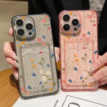 Прозрачный слот для карт Мягкий силиконовый чехол для телефона с узором в виде тюльпанов для iPhone 16 15 Pro 14 13 Pro Max 12 11 Ударопрочный тонкий чехол для защиты объектива iPhone 16 чёрный