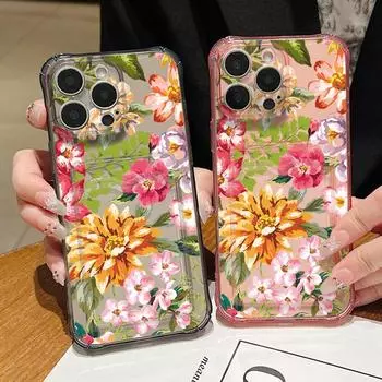 Прозрачный слот для карт Мягкий силиконовый чехол для телефона с рисунком подсолнуха для iPhone 16 15 Pro 14 13 Pro Max 12 11 Ударопрочный тонкий чехол для защиты объектива iPhone 16 серый