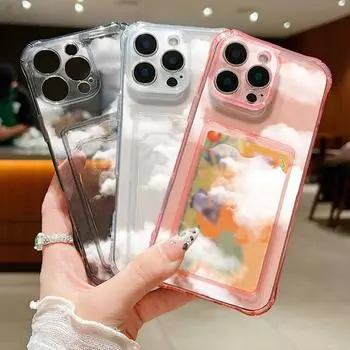 Прозрачный слот для карт Мягкий силиконовый чехол для телефона с цветочным узором для iPhone 16 15 Pro 14 13 Pro Max 12 11 Противоударный тонкий чехол для защиты объектива iPhone 16 серый