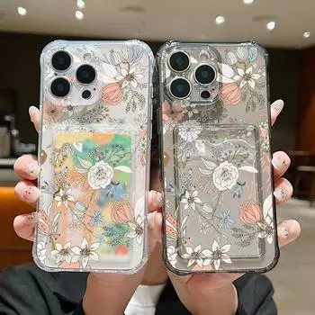 Прозрачный слот для карт Мягкий силиконовый чехол для телефона с рисунком в виде цветка маргаритки для iPhone 16 15 Pro 14 13 Pro Max 12 11 Противоударный тонкий чехол для защиты объектива iPhone 16 чёрный