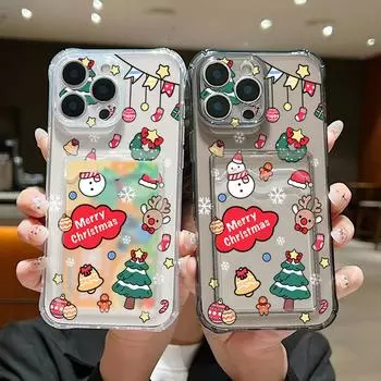 Прозрачный слот для карт Мягкий силиконовый чехол для телефона с рисунком рождественских подарков для iPhone 16 15 Pro 14 13 Pro Max 12 11 Ударопрочный тонкий чехол для защиты объектива iPhone 16 серый