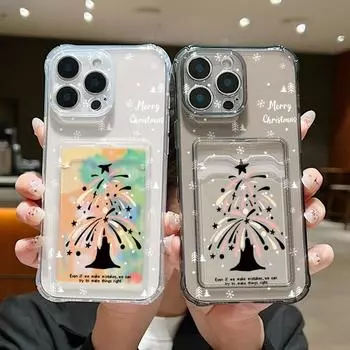 Прозрачный слот для карт Мягкий силиконовый чехол с принтом фейерверка и рождественской елки для iPhone 16 Pro Max 15 Pro 14 13 12 11 Защита объектива противоударный чехол для телефона iPhone 16 серый