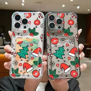 Прозрачный слот для карт Мягкий силиконовый чехол с рождественским узором для iPhone 16 Pro 15 14 Pro Max 13 12 11 Защита линзы Ударопрочный прозрачный чехол для телефона iPhone 16 серый