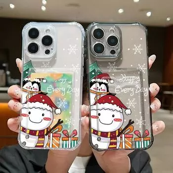 Прозрачный слот для карт, мягкий силиконовый чехол с рисунком снеговика для iPhone 16, 15, Pro, Max, 14, Pro, 13, 12, 11, прозрачный противоударный чехол для телефона iPhone 16 серый